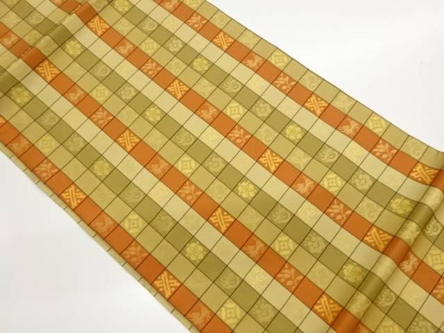 格子に花々・抽象模様織出し開き名古屋帯（額縁仕立て）